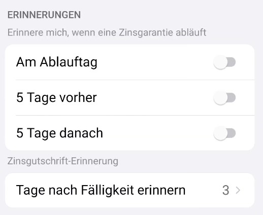 Zinsgutschrift-Erinnerung in den SNIZ-Einstellungen festlegen