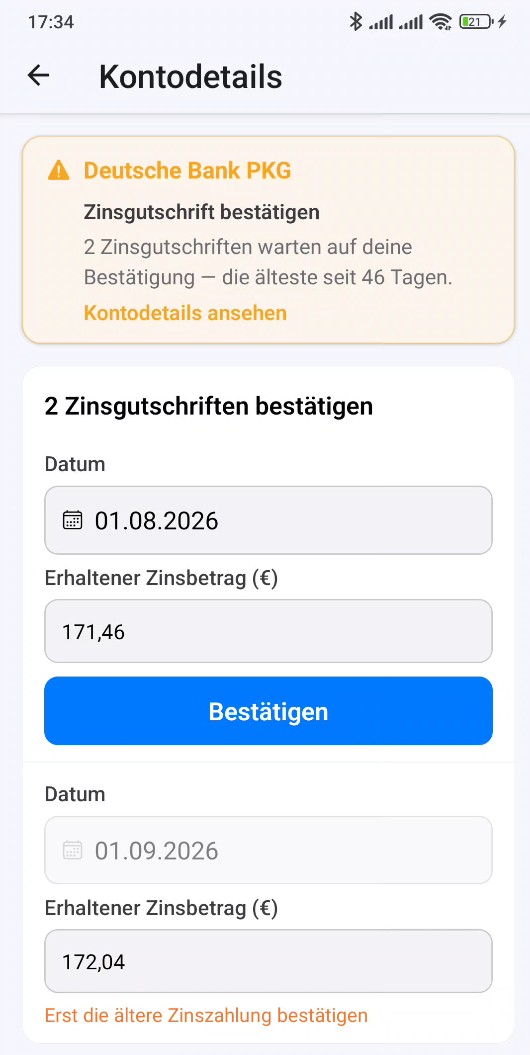 Zinsgutschriften bestätigen in den SNIZ-Kontodetails